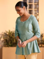 Grey Solid Cotton Blend A-line Kurti - Image 3