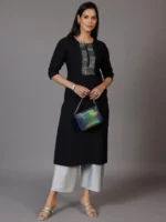 Black Embellished Rayon Straight Kurta - Image 2