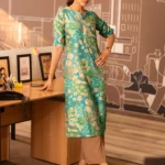 Blue Printed Silk Blend Straight Kurta