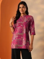 Pink Printed Silk Blend Straight Short Kurti - Image 2