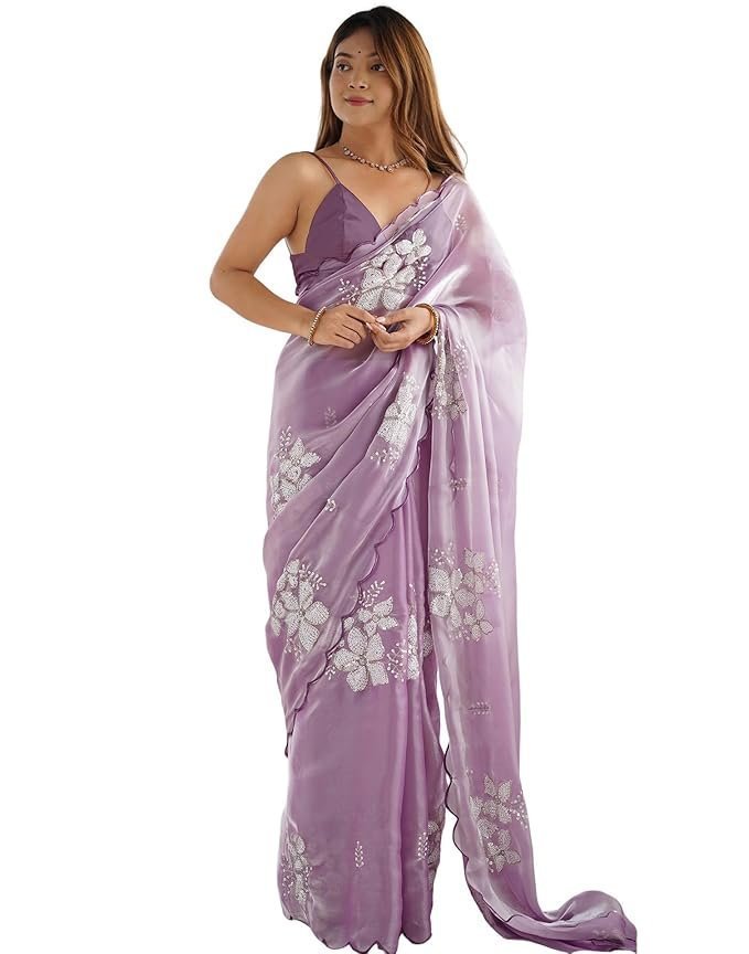 71oPgodmw1L._SX679_.jpg Women's Shimmer Chiffon Sequence Embroidery Saree With Unstitched Blouse Piece - Image 1