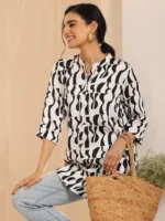 White Printed Silk Blend Straight Tunic