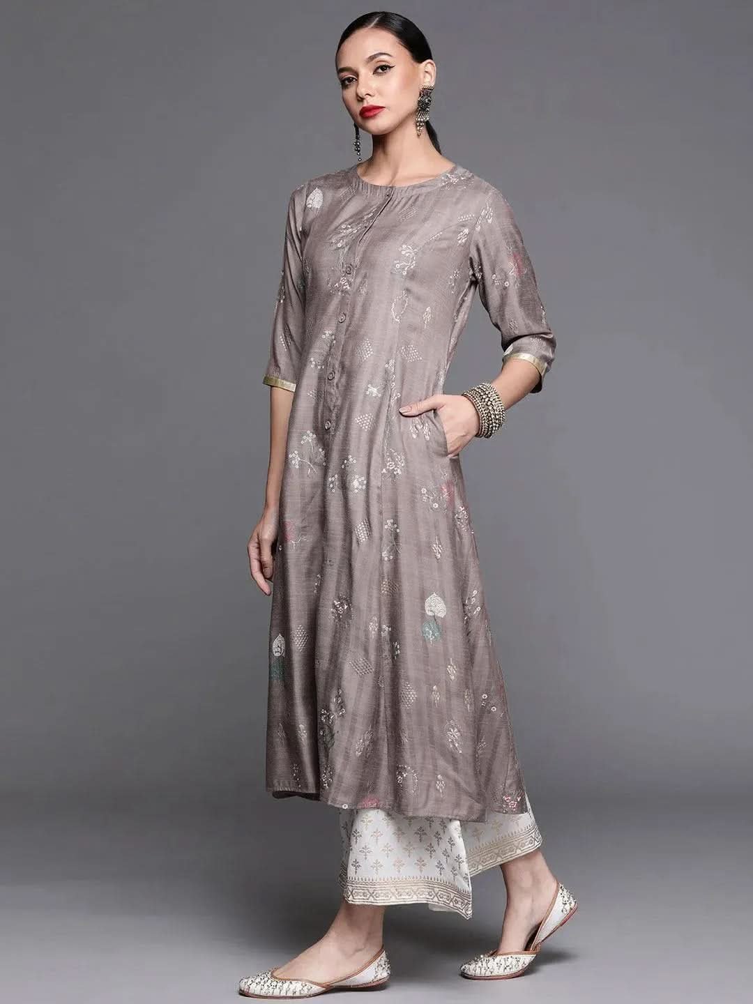 grey-printed-cotton-silk-kurta-libas-2.jpg Grey Printed Cotton Silk Kurta - Image 1