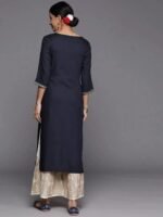 Navy Blue Yoke Design Rayon Straight Kurta - Image 4